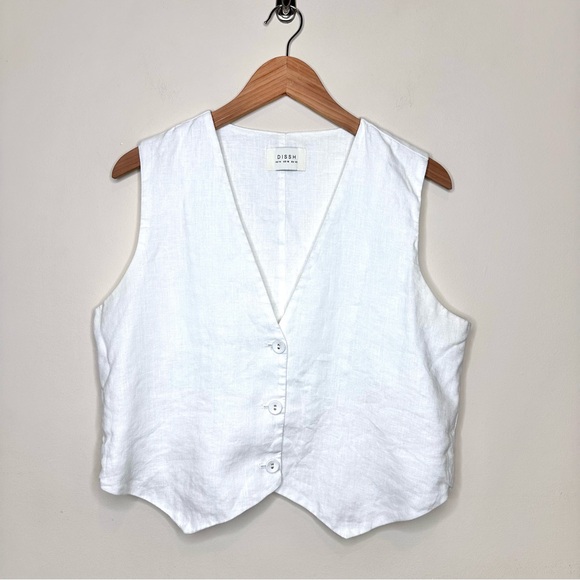 DISSH 100% Linen Sleeveless Vest Size 10 US White Button up Coastal Minimalist - Picture 2 of 11